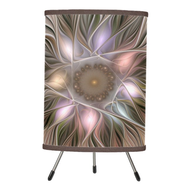 Joyful Flower Abstract Beige Brown Floral Fractal Tripod Lamp (Front)