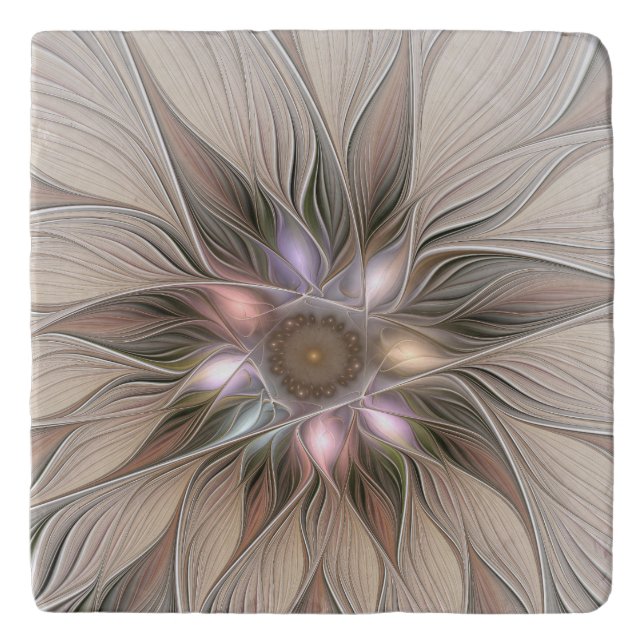 Joyful Flower Abstract Beige Brown Floral Fractal Trivet (Front)