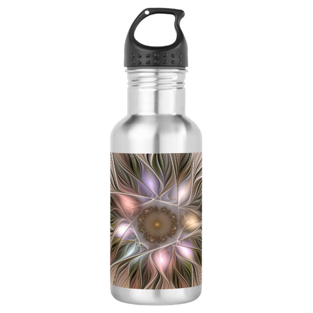 Joyful Flower Abstract Beige Brown Floral Fractal Water Bottle (Front)