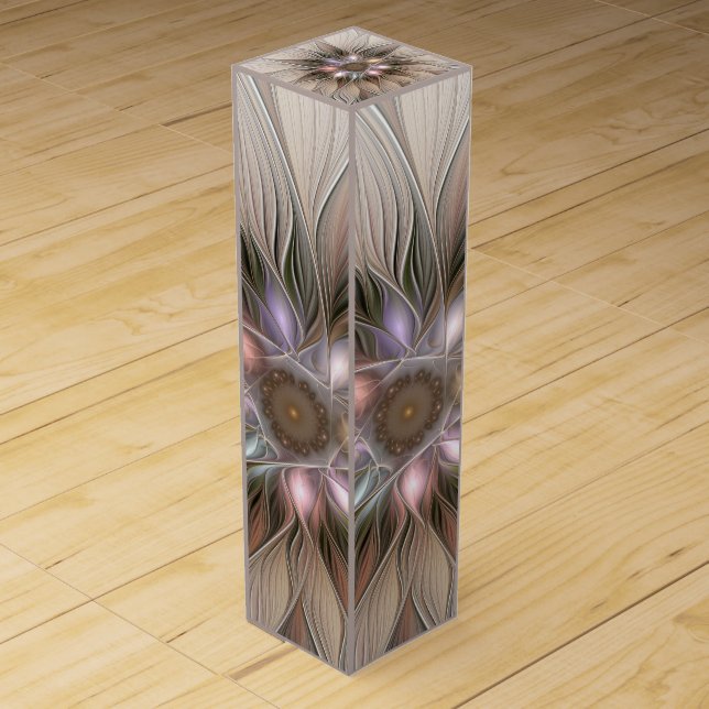 Joyful Flower Abstract Beige Brown Floral Fractal Wine Box (Front)