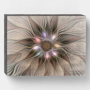Joyful Flower Abstract Beige Brown Floral Fractal Wooden Box Sign