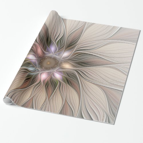 Joyful Flower Abstract Beige Brown Floral Fractal Wrapping Paper