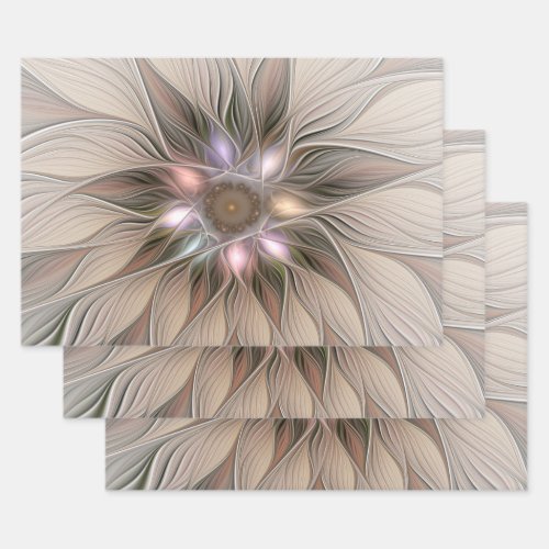 Joyful Flower Abstract Beige Brown Floral Fractal Wrapping Paper Sheets