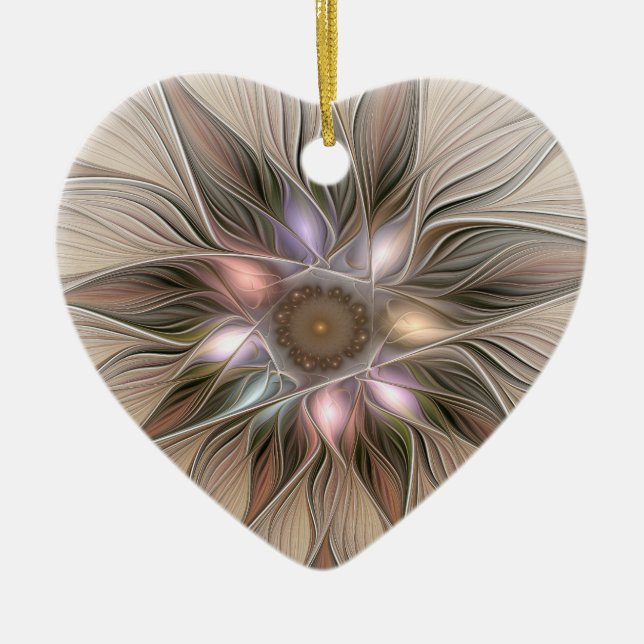 Joyful Flower Abstract Beige Brown Fractal Heart Ceramic Ornament (Front)