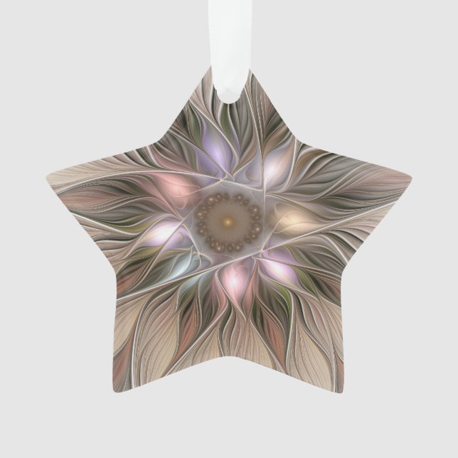 Joyful Flower Abstract Beige Brown Fractal Star Ornament (Front)