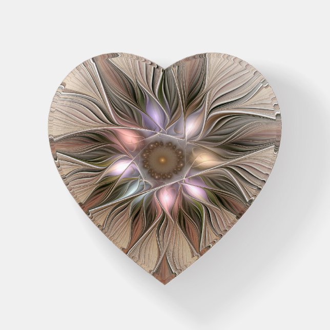 Joyful Flower Abstract Beige Floral Fractal Heart Paperweight (Front)