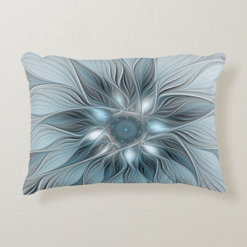 Joyful Flower Abstract Blue Gray Floral Fractal Accent Pillow