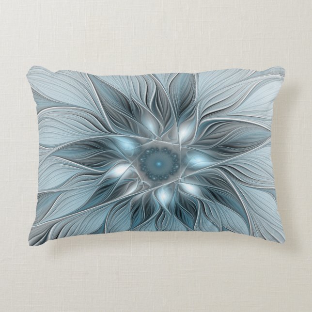 Joyful Flower Abstract Blue Gray Floral Fractal Accent Pillow (Front)