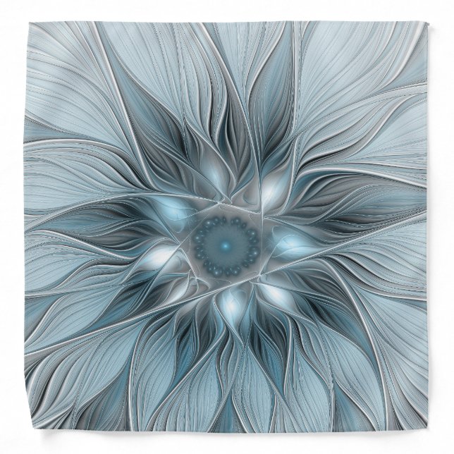Joyful Flower Abstract Blue Gray Floral Fractal Bandana (Front)