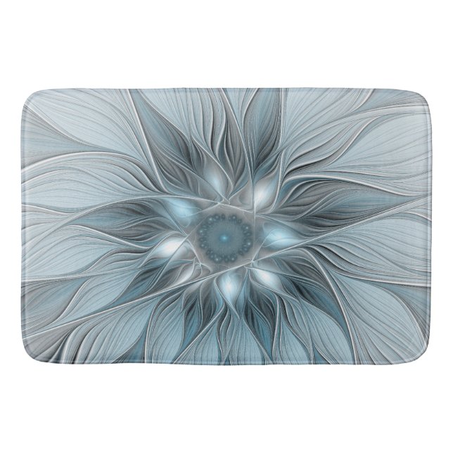 Joyful Flower Abstract Blue Gray Floral Fractal Bath Mat (Front)