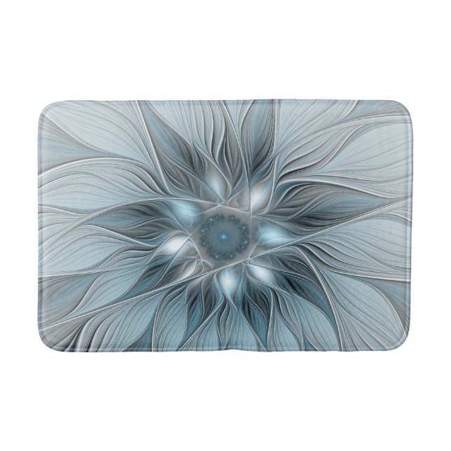 Joyful Flower Abstract Blue Gray Floral Fractal Bath Mat (Front)