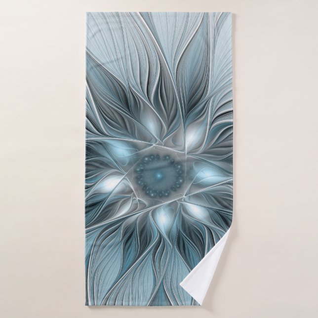 Joyful Flower Abstract Blue Gray Floral Fractal Bath Towel (Bath Towel)