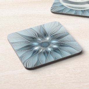 Joyful Flower Abstract Blue Gray Floral Fractal Beverage Coaster
