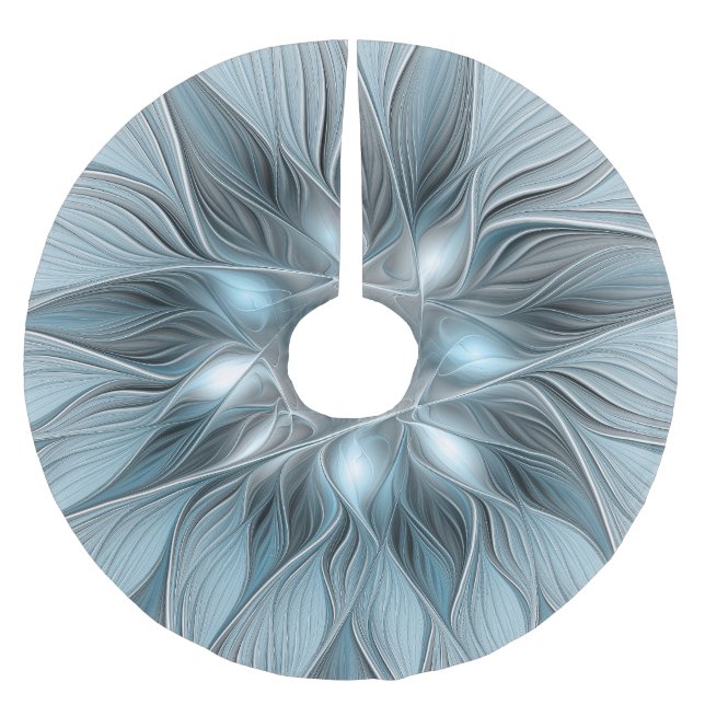 Joyful Flower Abstract Blue Gray Floral Fractal Brushed Polyester Tree Skirt (Front)