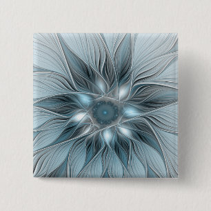 Joyful Flower Abstract Blue Gray Floral Fractal Button