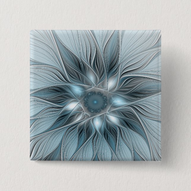 Joyful Flower Abstract Blue Gray Floral Fractal Button (Front)