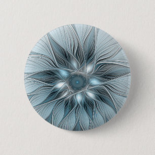 Joyful Flower Abstract Blue Gray Floral Fractal Button