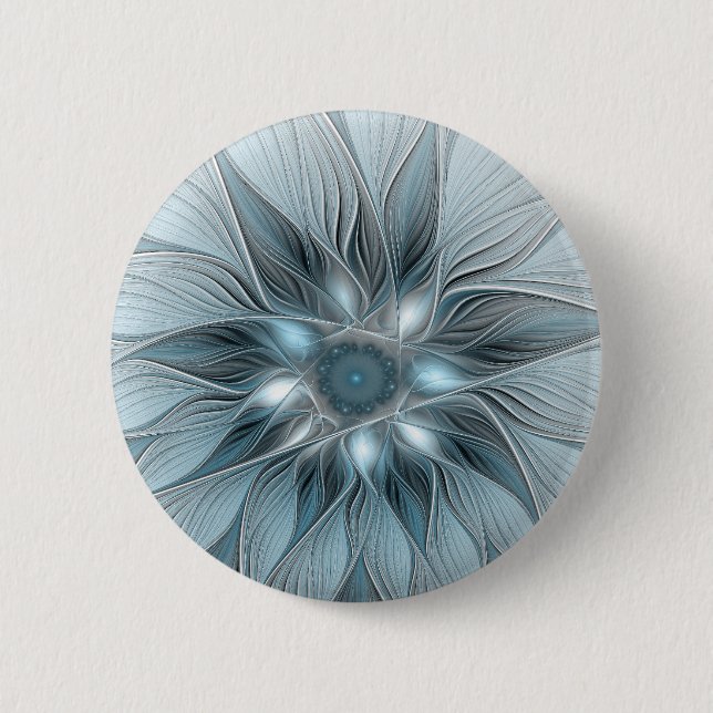 Joyful Flower Abstract Blue Gray Floral Fractal Button (Front)