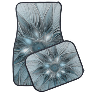 Joyful Flower Abstract Blue Gray Floral Fractal Car Floor Mat