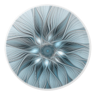 Joyful Flower Abstract Blue Gray Floral Fractal Ceramic Knob