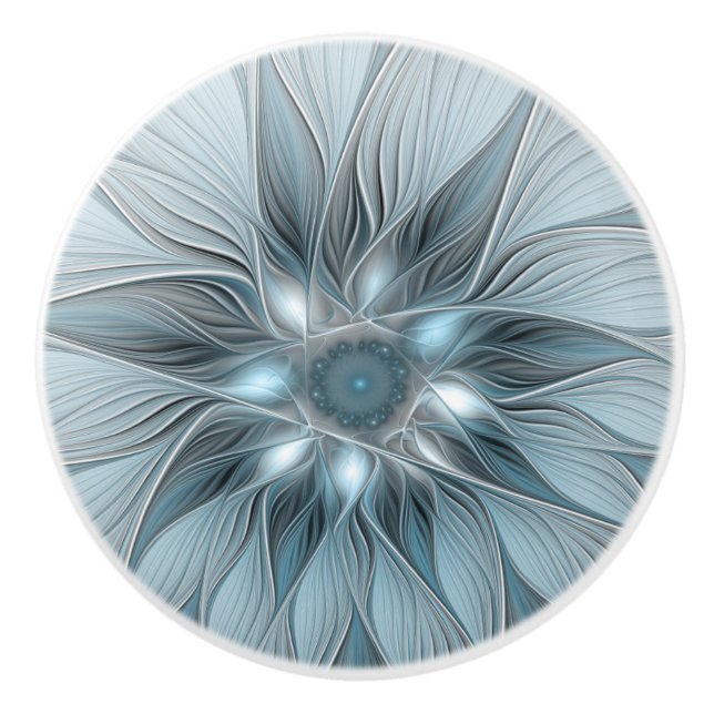 Joyful Flower Abstract Blue Gray Floral Fractal Ceramic Knob (Front)