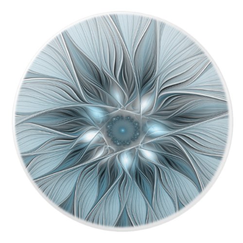 Joyful Flower Abstract Blue Gray Floral Fractal Ceramic Knob