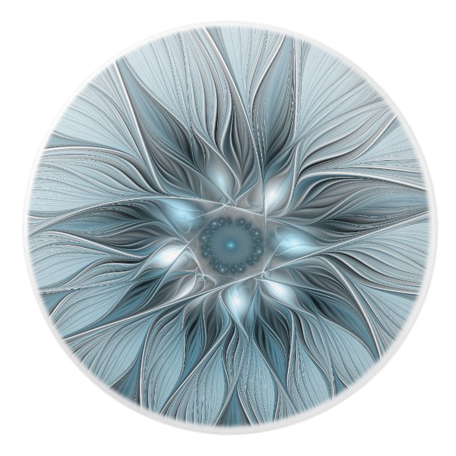 Joyful Flower Abstract Blue Gray Floral Fractal Ceramic Knob (Front)