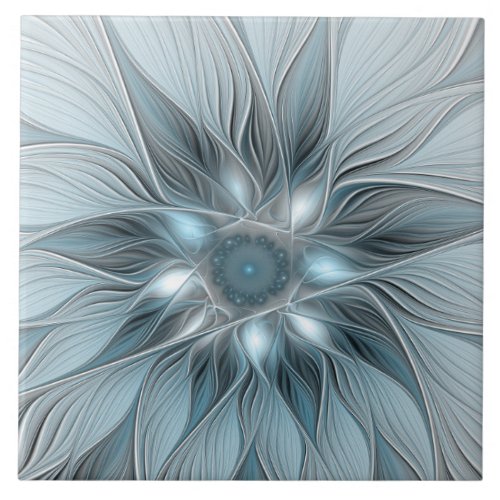 Joyful Flower Abstract Blue Gray Floral Fractal Ceramic Tile