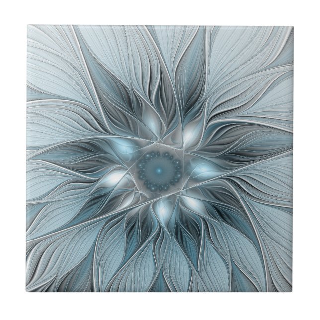 Joyful Flower Abstract Blue Gray Floral Fractal Ceramic Tile (Front)