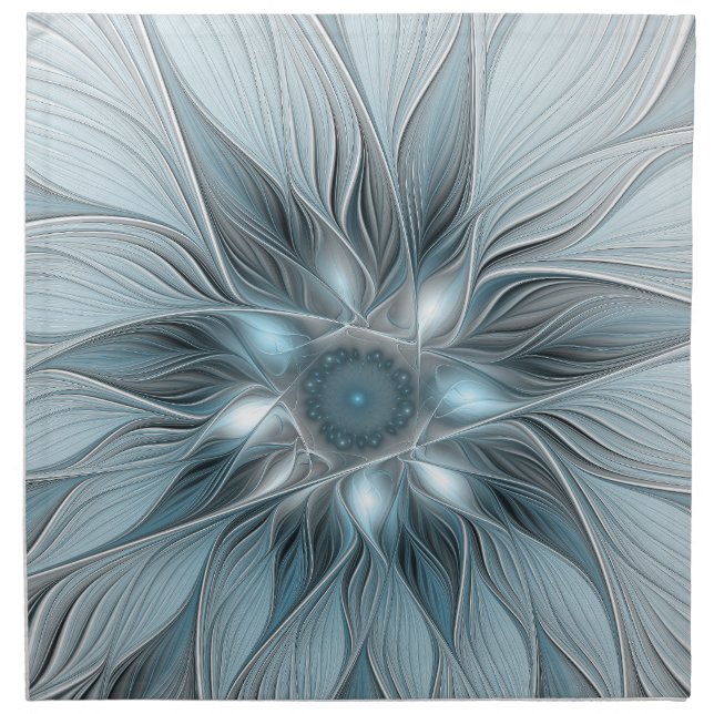 Joyful Flower Abstract Blue Gray Floral Fractal Cloth Napkin (Front)