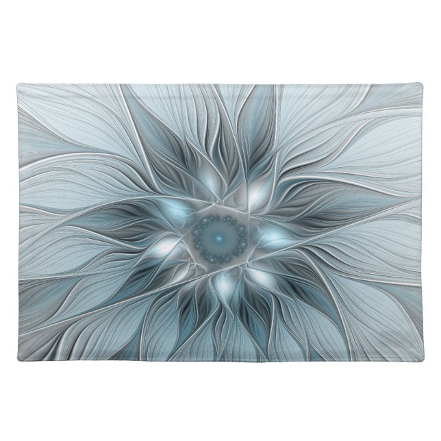 Joyful Flower Abstract Blue Gray Floral Fractal Cloth Placemat (Front)