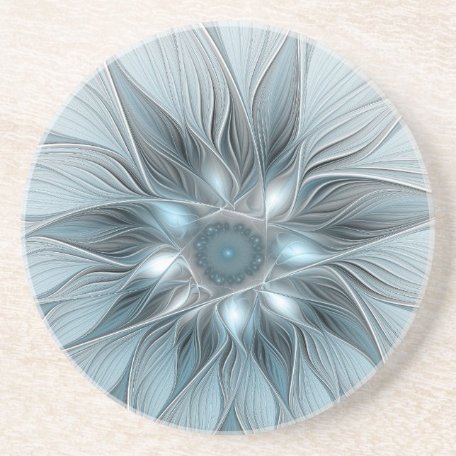 Joyful Flower Abstract Blue Gray Floral Fractal Coaster (Front)