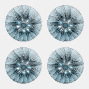 Joyful Flower Abstract Blue Gray Floral Fractal Coaster Set