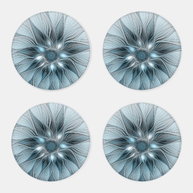Joyful Flower Abstract Blue Gray Floral Fractal Coaster Set (Set)