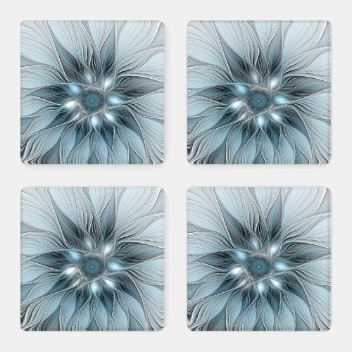 Joyful Flower Abstract Blue Gray Floral Fractal Coaster Set