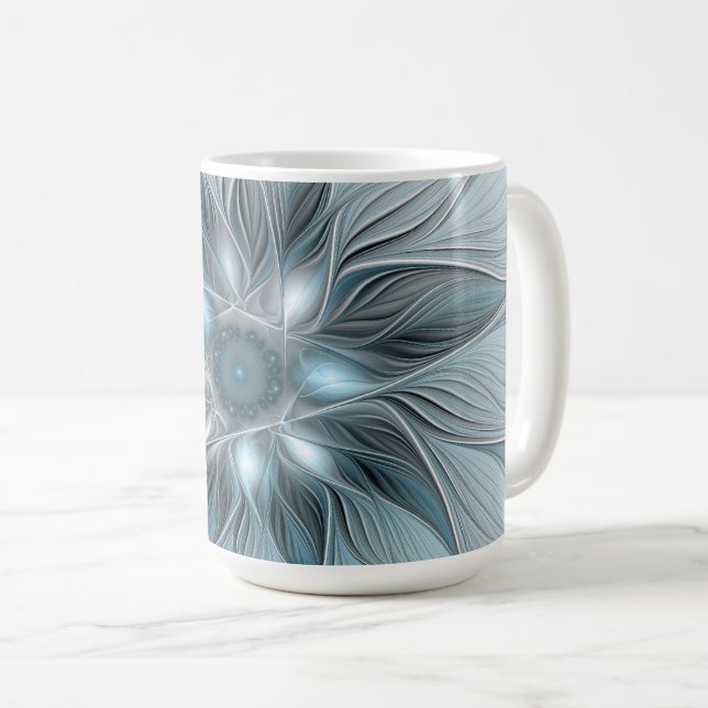 Joyful Flower Abstract Blue Gray Floral Fractal Coffee Mug (Front Right)