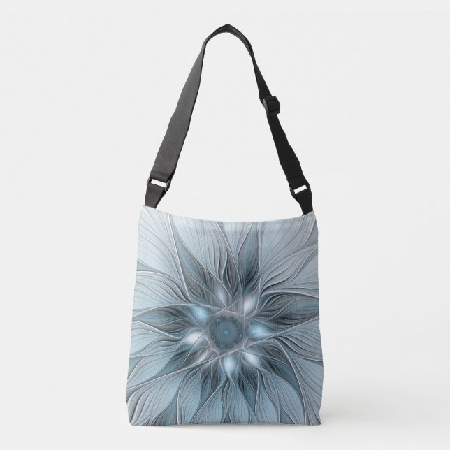 Joyful Flower Abstract Blue Gray Floral Fractal Crossbody Bag (Front)