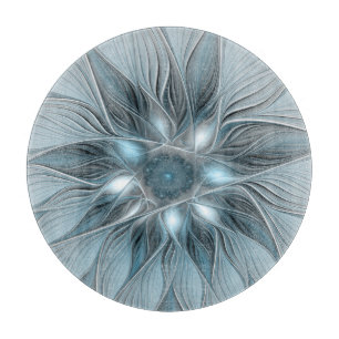 Joyful Flower Abstract Blue Gray Floral Fractal Cutting Board