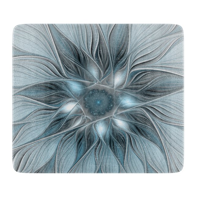 Joyful Flower Abstract Blue Gray Floral Fractal Cutting Board (Front)