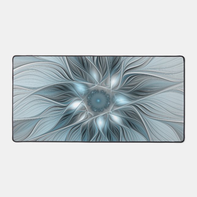 Joyful Flower Abstract Blue Gray Floral Fractal Desk Mat (Front)