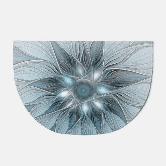 Joyful Flower Abstract Blue Gray Floral Fractal Doormat (Front)
