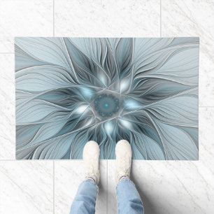 Joyful Flower Abstract Blue Gray Floral Fractal Doormat