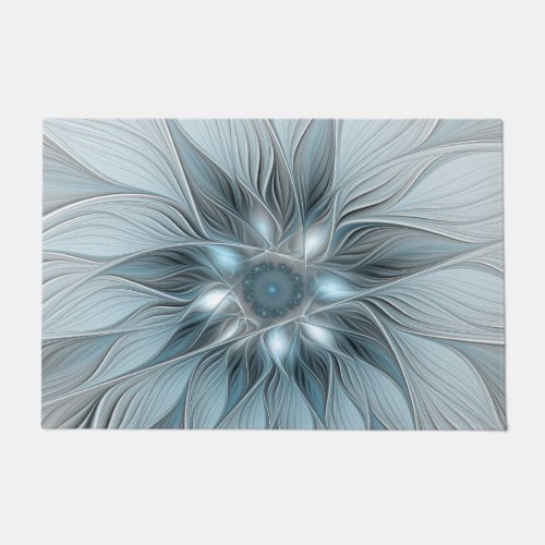 Joyful Flower Abstract Blue Gray Floral Fractal Doormat