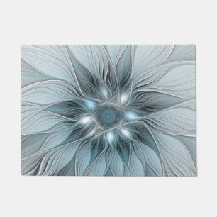 Joyful Flower Abstract Blue Gray Floral Fractal Doormat