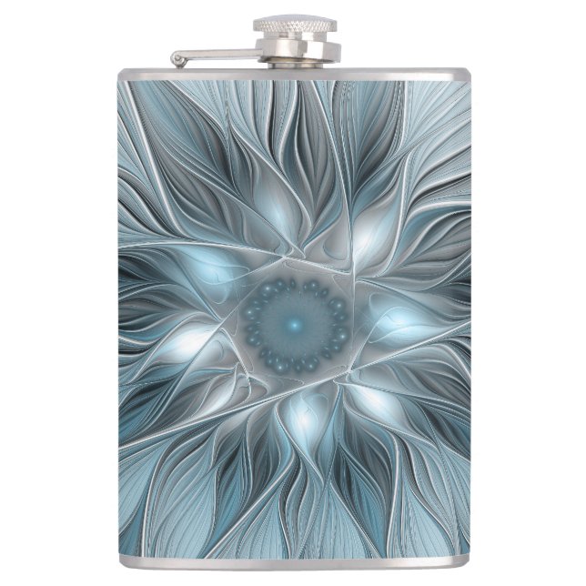 Joyful Flower Abstract Blue Gray Floral Fractal Flask (Front)