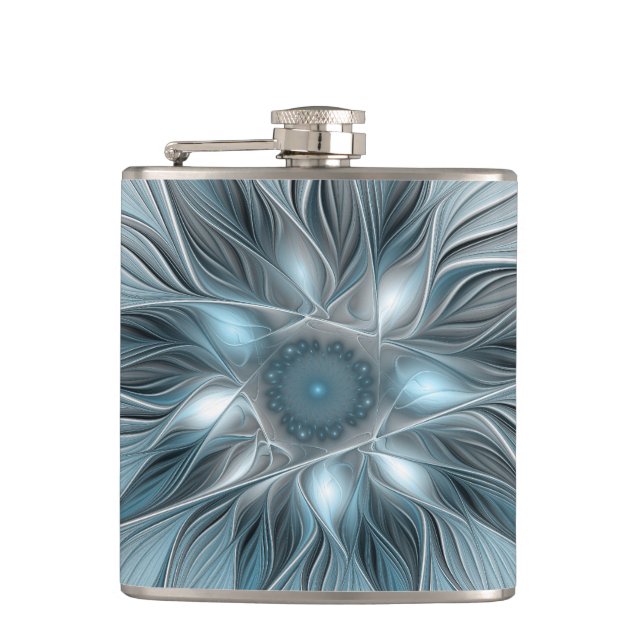 Joyful Flower Abstract Blue Gray Floral Fractal Flask (Front)