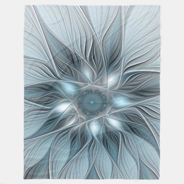 Joyful Flower Abstract Blue Gray Floral Fractal Fleece Blanket (Front)