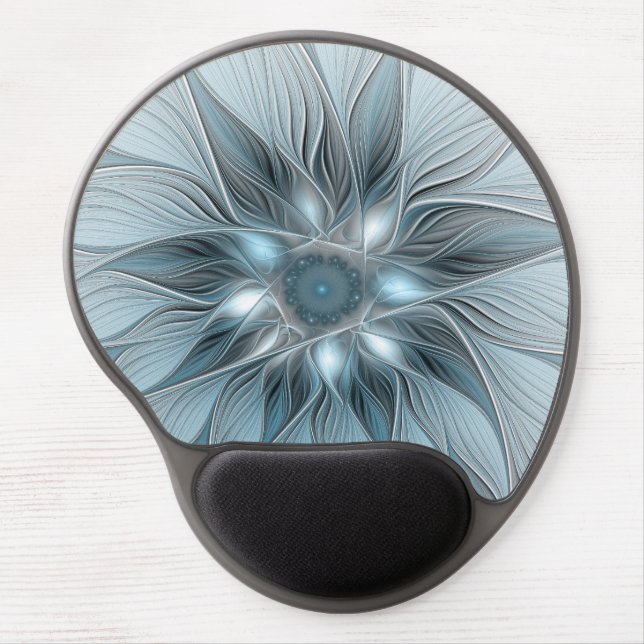 Joyful Flower Abstract Blue Gray Floral Fractal Gel Mouse Pad (Front)