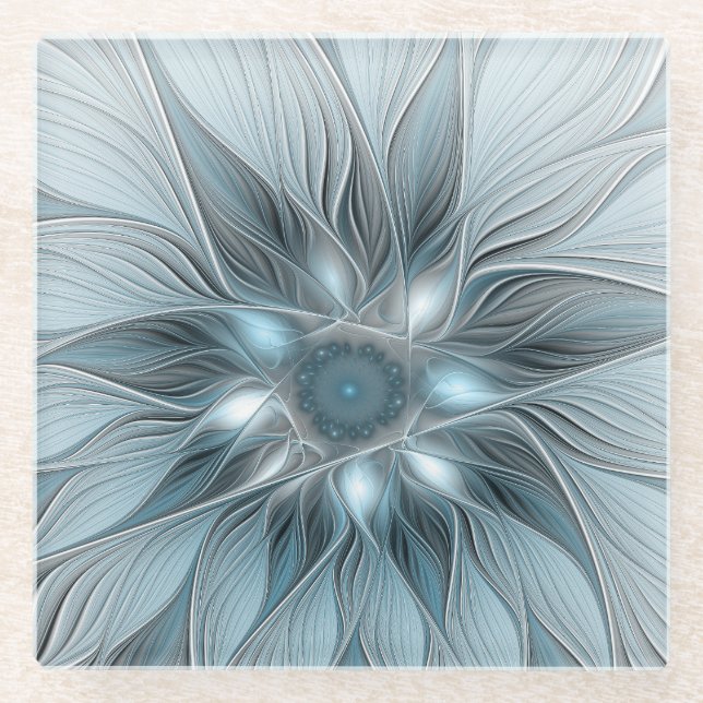 Joyful Flower Abstract Blue Gray Floral Fractal Glass Coaster (Front)