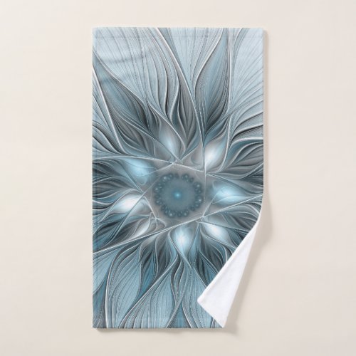 Joyful Flower Abstract Blue Gray Floral Fractal Hand Towel